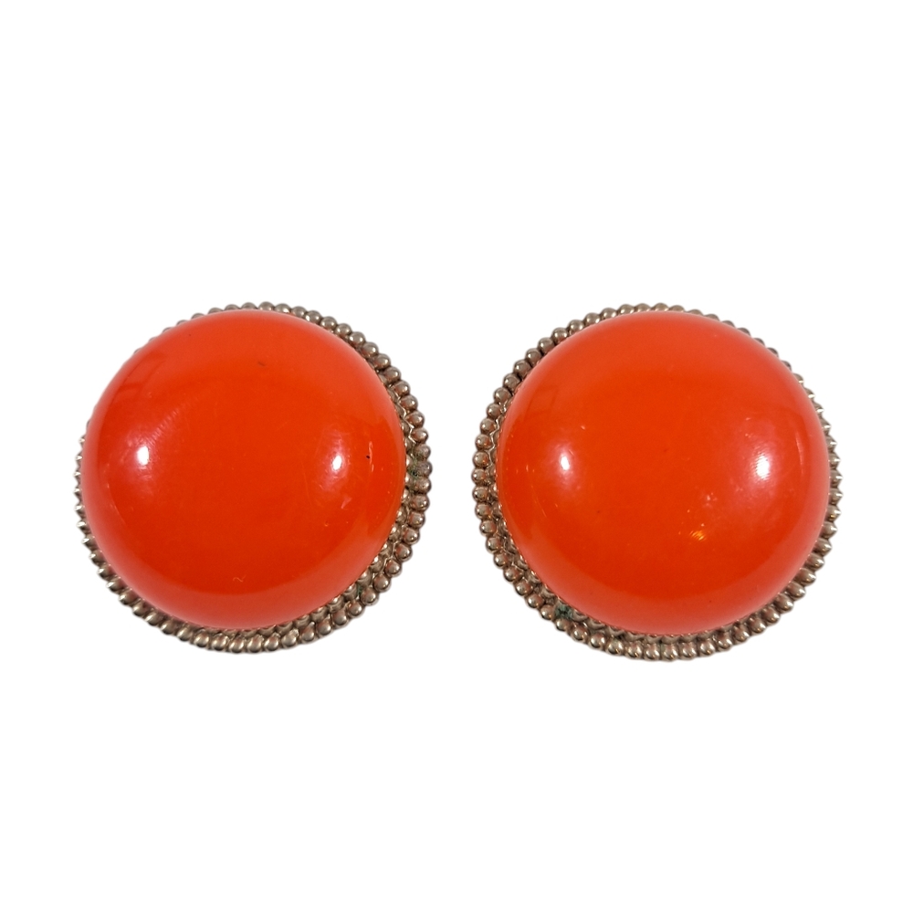 Vintage Round Domed Orange Goldtone Clip On Earrings Lightweight Costume Jewelry